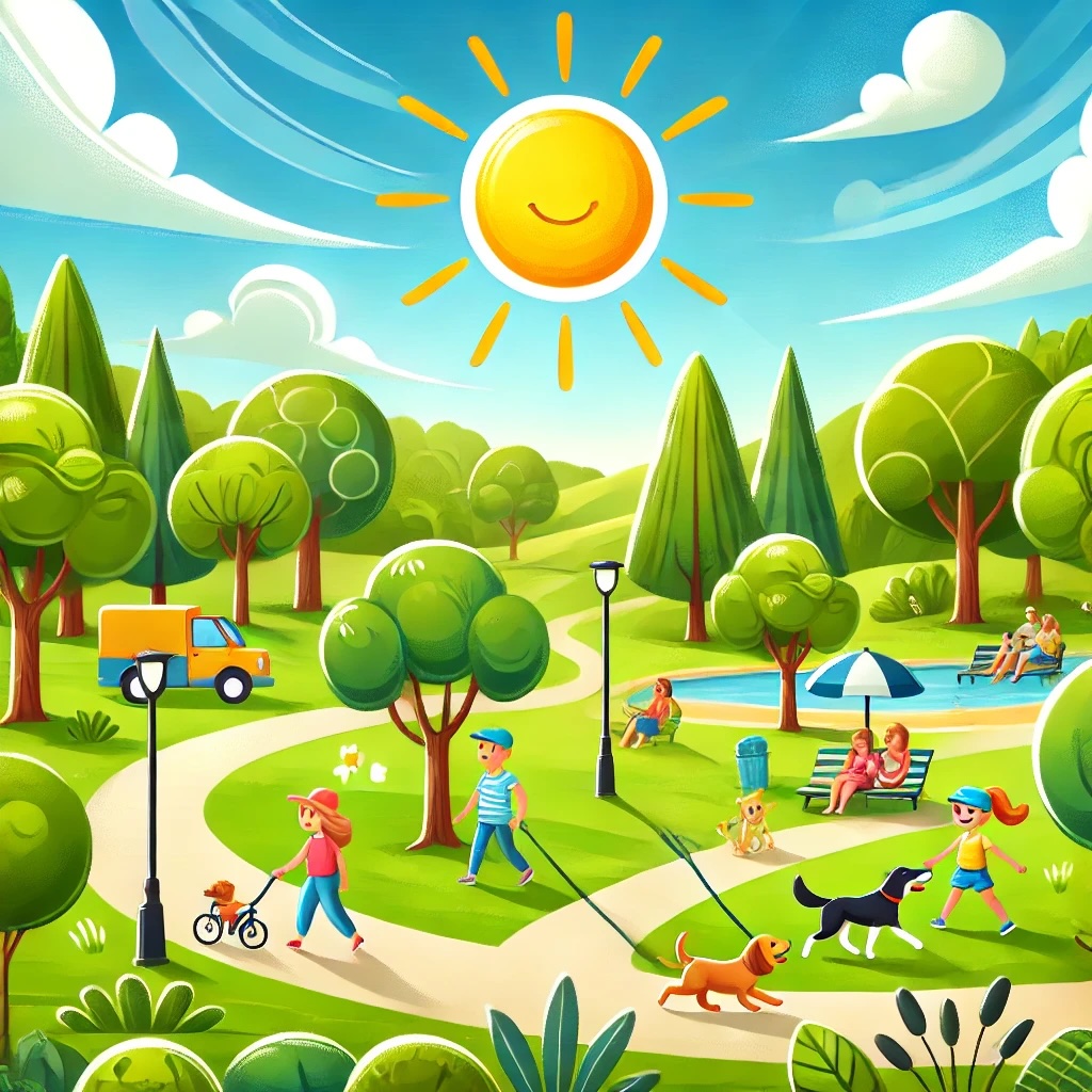 People walk dogs, play, and sit in a tree-lined park on a sunny day.